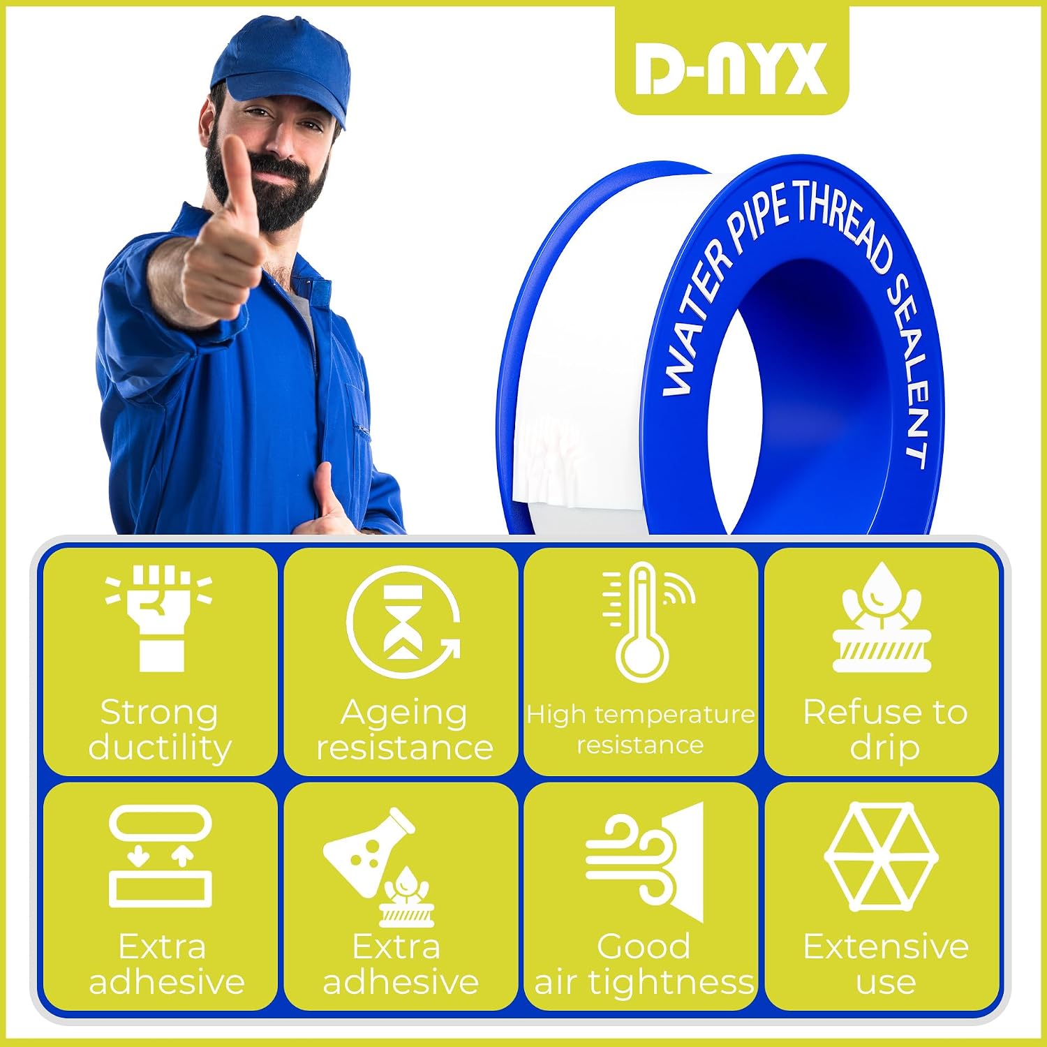 D-NYX Plumbers PTFE Pipe Sealant Tape 1, 4 or 5 Rolls 1/2 Inch(W) X 520 Inches(L) Teflon Plumbers Tape, Flex Seal Tape Waterproof, Plumbing Thread Tap, Water Pipe Sealing (1 Pack)