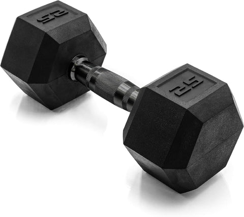CAP Rubber Coated Dumbbell Weights, Free Weights for Home Gym Strength Training, Anti-Roll Hex Dumbbells with Black, Chrome & Comfort Grip Handles, Singles