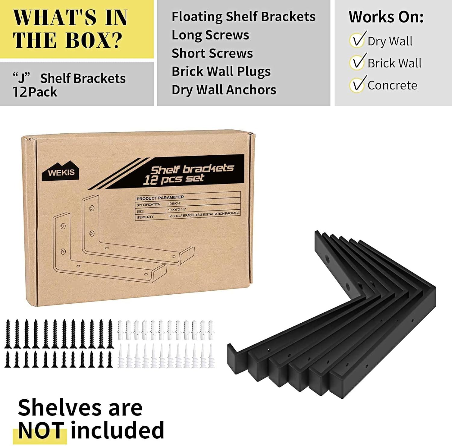 WEKIS Shelf Bracket, Heavy Duty Floating Shelf Brackets 10-Inch Long, 12-Pack Brackets for Shelves, Black Coated J Shape Metal Wall Shelf Support Brackets with 1/5-Inch Thick and 160 lb. Load Capacity