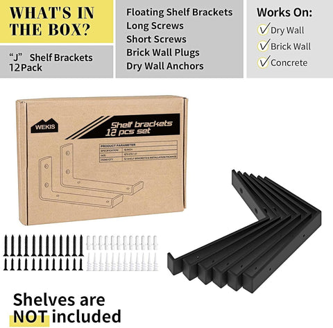 WEKIS Shelf Bracket, Heavy Duty Floating Shelf Brackets 10-Inch Long, 12-Pack Brackets for Shelves, Black Coated J Shape Metal Wall Shelf Support Brackets with 1/5-Inch Thick and 160 lb. Load Capacity