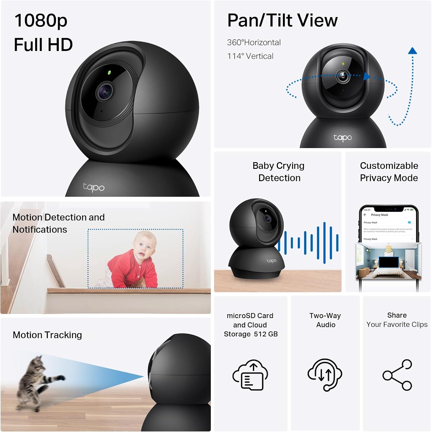 Tapo 1080p Pan/Tilt Security Camera for Baby Monitor, Pet Camera, C201