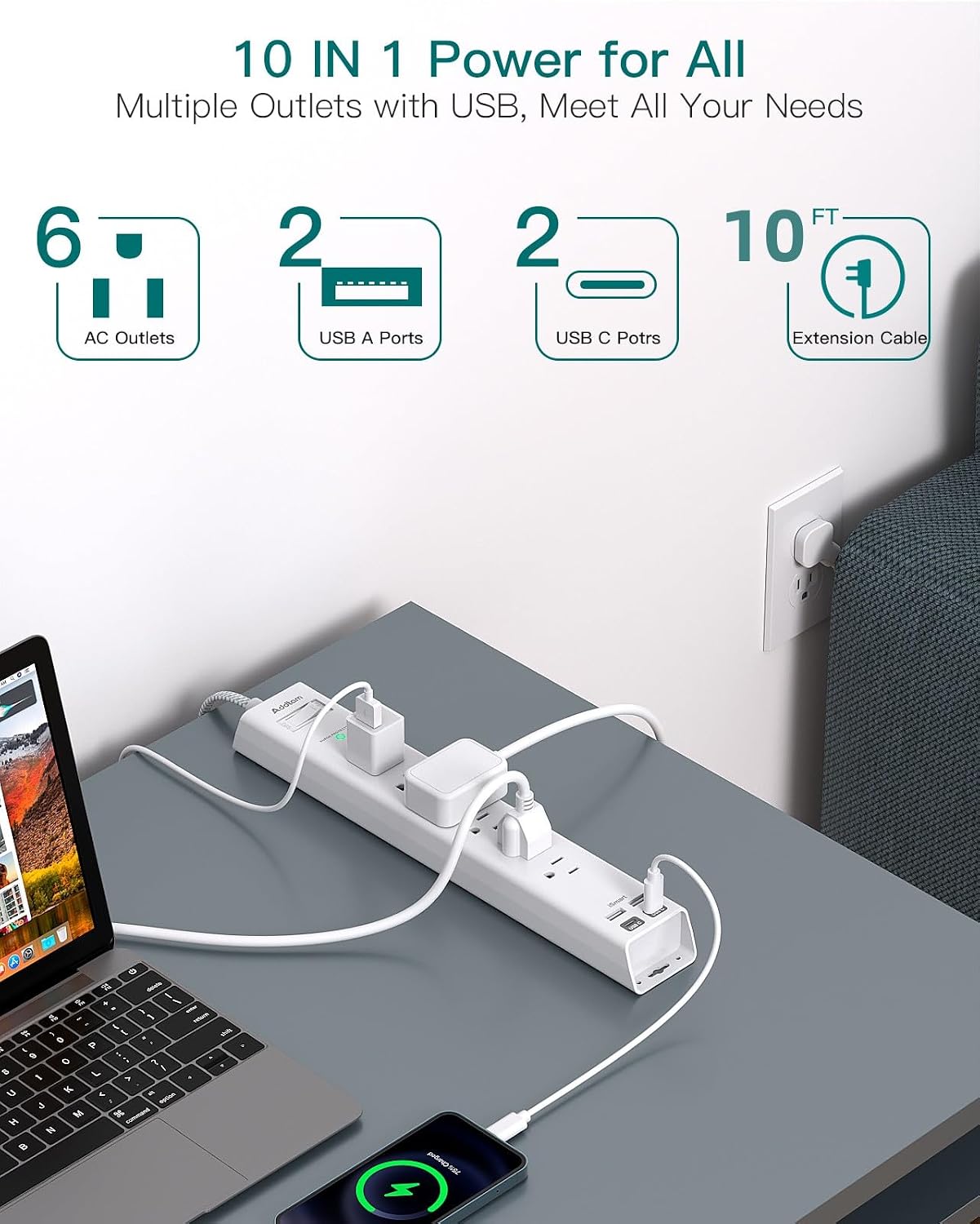 Extension Cord 10 ft - Long Power Strip Surge Protector, 6 AC Outlet 4 USB