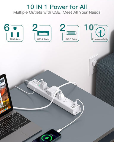 Extension Cord 10 ft - Long Power Strip Surge Protector, 6 AC Outlet 4 USB