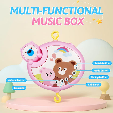 Crib Mobile with Music and Lights, Baby Mobiles for Cribs, Nursery Musical Mobile for Bassinets Toys Hanging Girls Boys, Pack and Play Space Portable Animal Mobile Hanger Arm Clip On Attachment