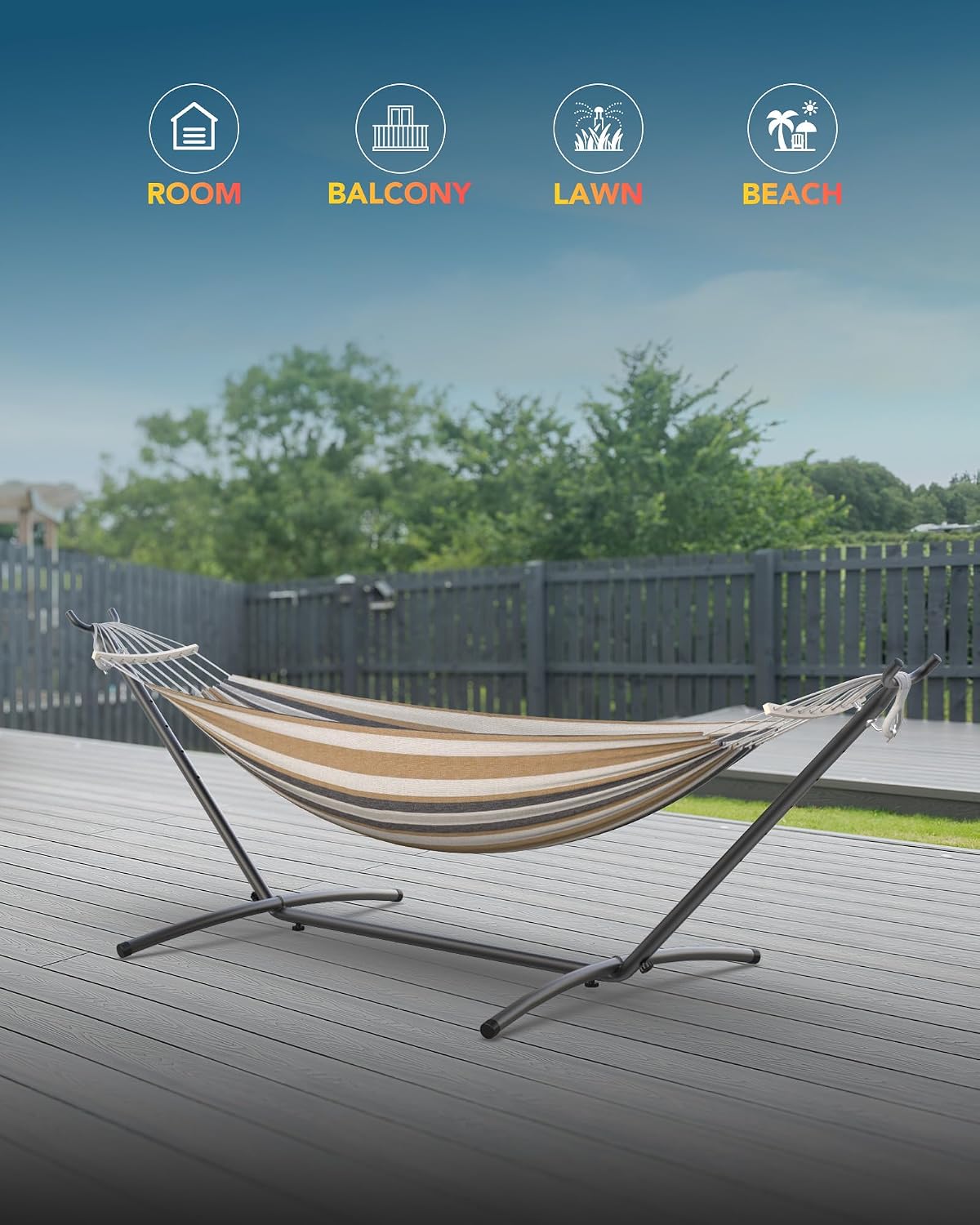 Everyfun Double Hammock with Stand for 2 Person, 600 lb Capacity, Coffee