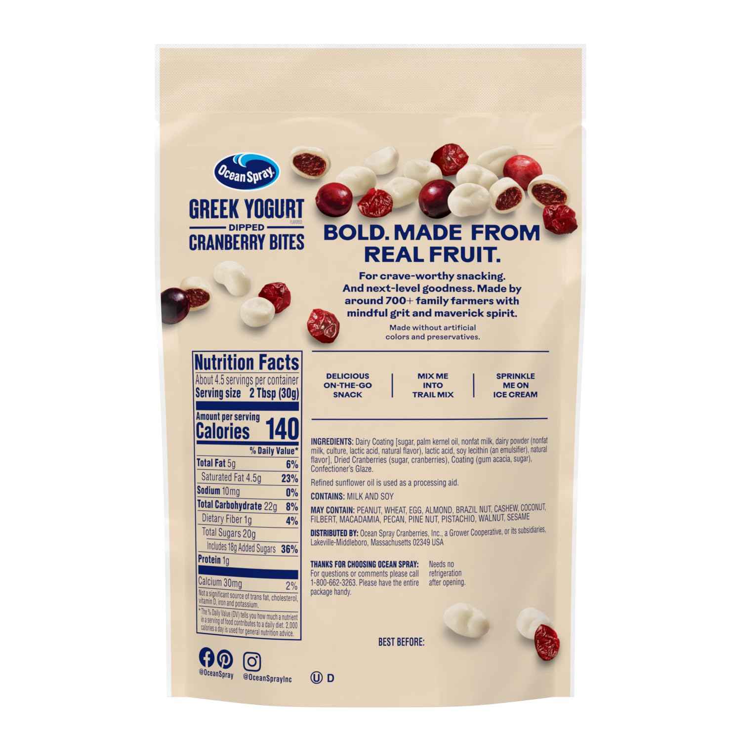 Ocean Spray Greek Yogurt Covered Craisins, Greek Yogurt Flavored, Covered Cranberries, Dried Fruit, 5 Oz Pouch (Pack of 12)