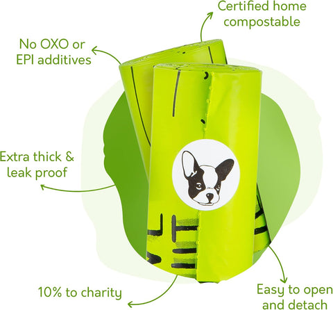Certified Home Compostable Dog Poop Bags, 120 Plant Based Bags (8 Rolls)