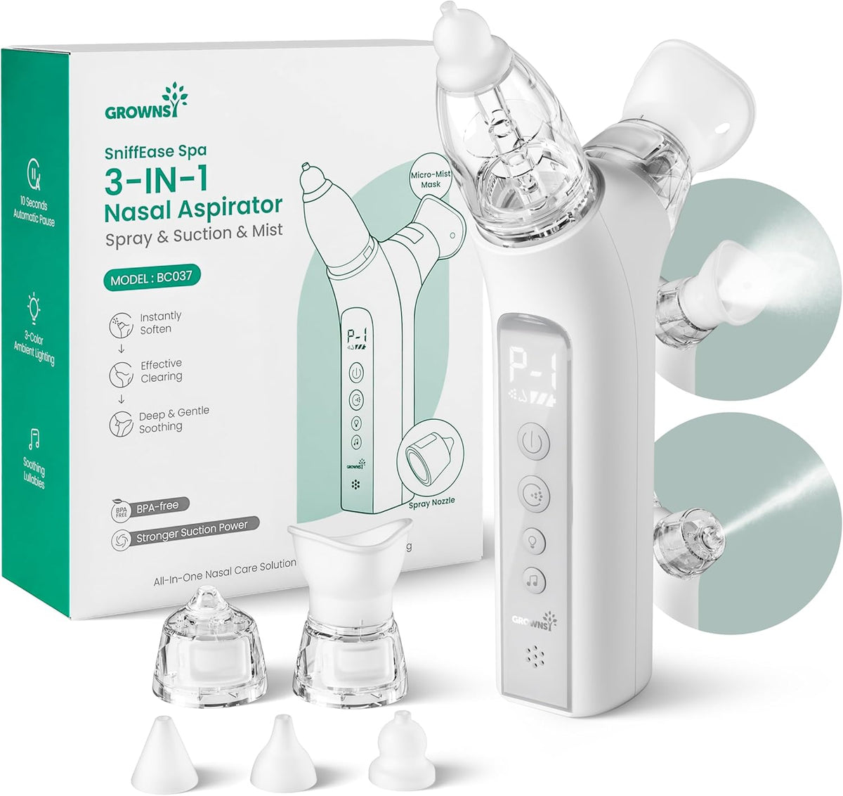 GROWNSY SniffEase 3-in-1 Baby Nasal Aspirator – Spray, Suction & Mist, Grey