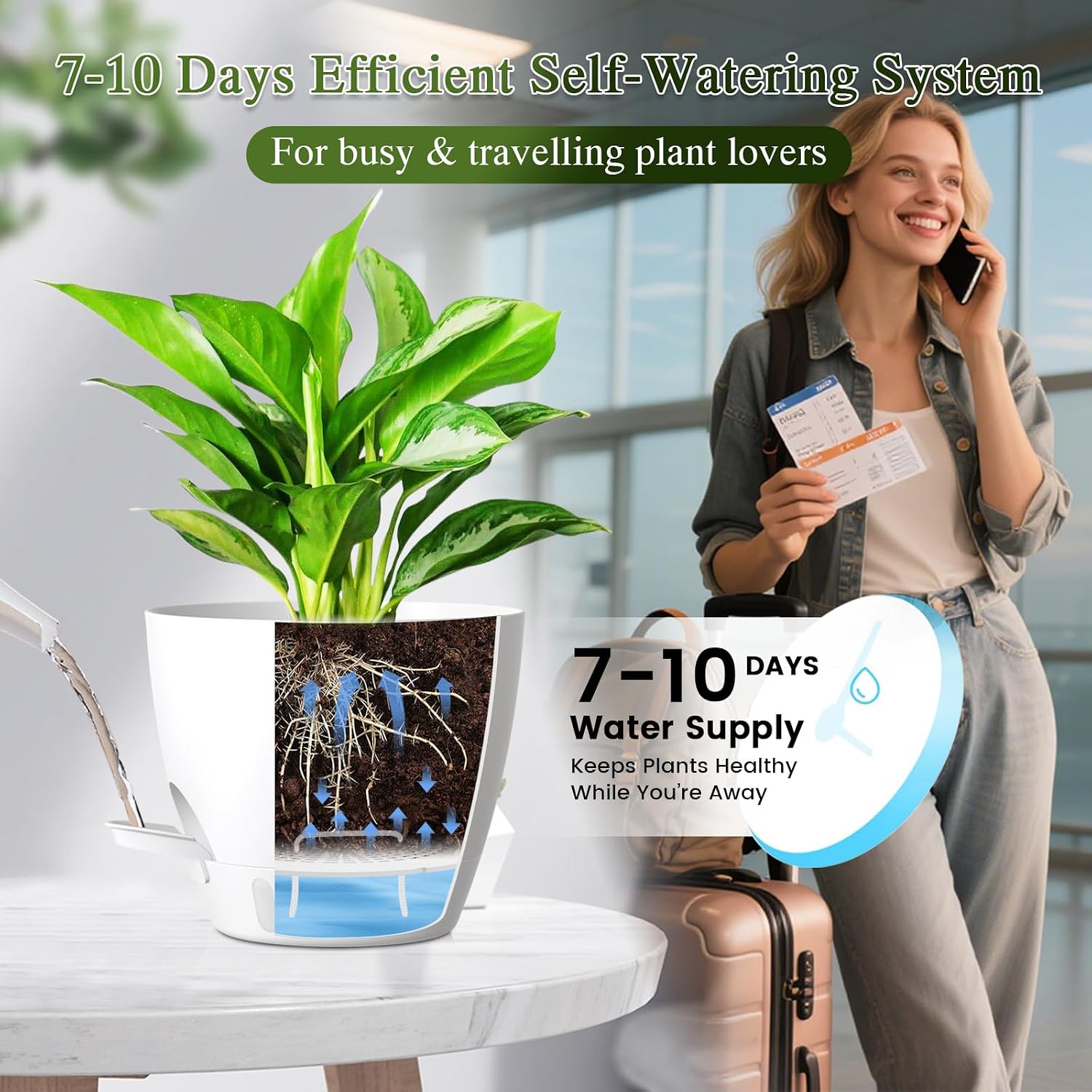 Self Watering Pots with Drainage Holes, 2 Pack 8 Inch Plant Pots with Water Level Indicator Deep Reservoir, Large Plastic Planter for Indoor Outdoor Plants - White