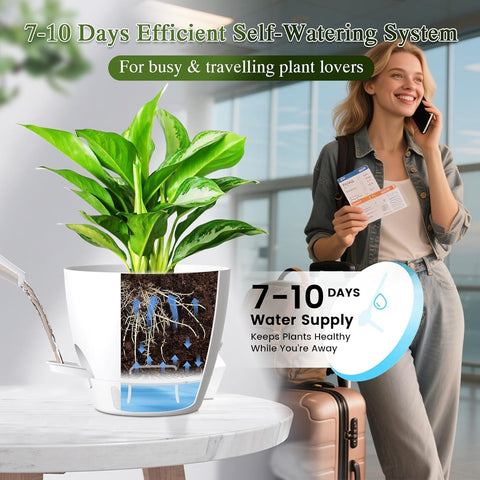 Self Watering Pots with Drainage Holes, 2 Pack 8 Inch Plant Pots with Water Level Indicator Deep Reservoir, Large Plastic Planter for Indoor Outdoor Plants - White