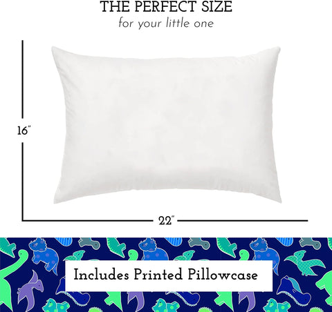 Little Sleepy Head Youth Pillow 16x22 with Hypoallergenic Cotton Pillow case Youth Pillows for Sleeping Age 5-10 - Snugly Designed Youth Neck Pillows for Travel, School and Bedtime - (Dinosaurs Blue)