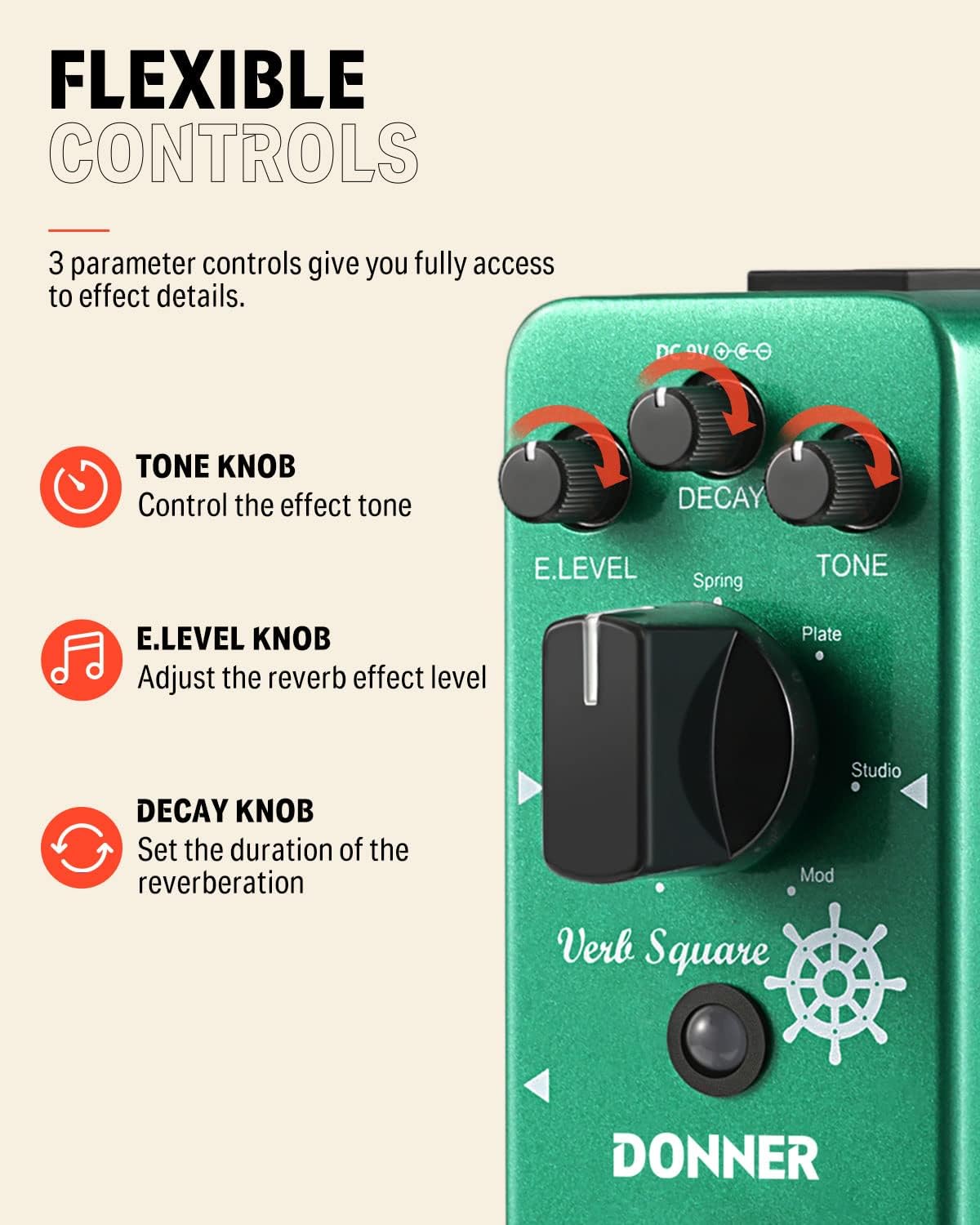 Donner Reverb Guitar Pedal, Verb Square Digital Reverb 7 Modes Room, Hall, Church, Spring, Plate, Studio, Mod, True Bypass