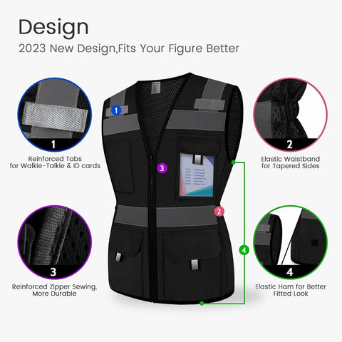 Womens Safety Vest with 11 Pockets Hi Vis Mesh Reflective Safety Vest for Women, Lady Neon Construction Work Vest with Zipper, Snug-Fit & Durable, ANSI Compliant, (U-Black, L)