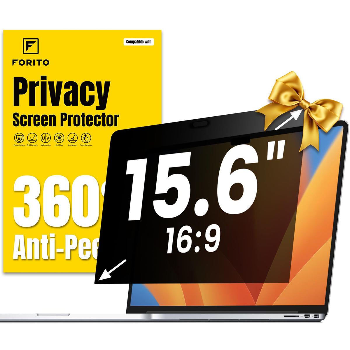F FORITO 15.6 Inch Laptop Privacy Screen Protector, 360° Anti Peeping and Anti Glare Laptop Privacy Shield Compatible with 15.6" HP/Lenovo/Dell/Acer/ASUS/Thinkpad with 16:9 Aspect Ratio