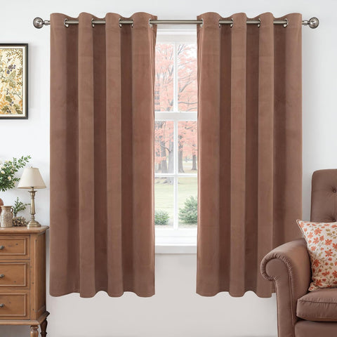 YoungsTex Mocha Brown Velvet Blackout Curtains 63 Inch Length, Thermal Insulated Drapes with Grommet Privacy for Bedroom Window, 2 Panels, 52 X 63 Inch