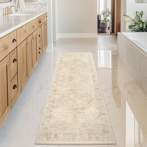 Farmhouse Beige 2x6 Runner Rugs for Hallway Entryway, Kitchen Runners Washable Non Slip Low Pile, Vintage Distressed Medallion Printed Rugs for Mudroom/Bedroom Bedside/Laundry Room/Bathroom