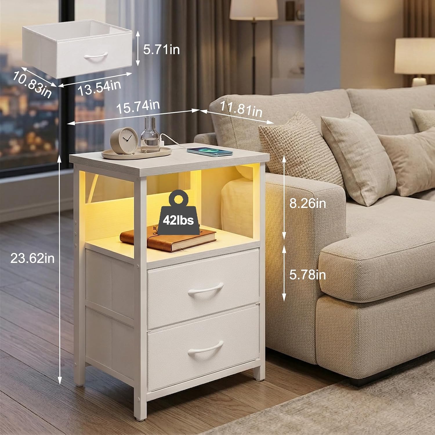 Fixwal Night Stand with Charging Station, White Led Nightstand, 2 Drawers