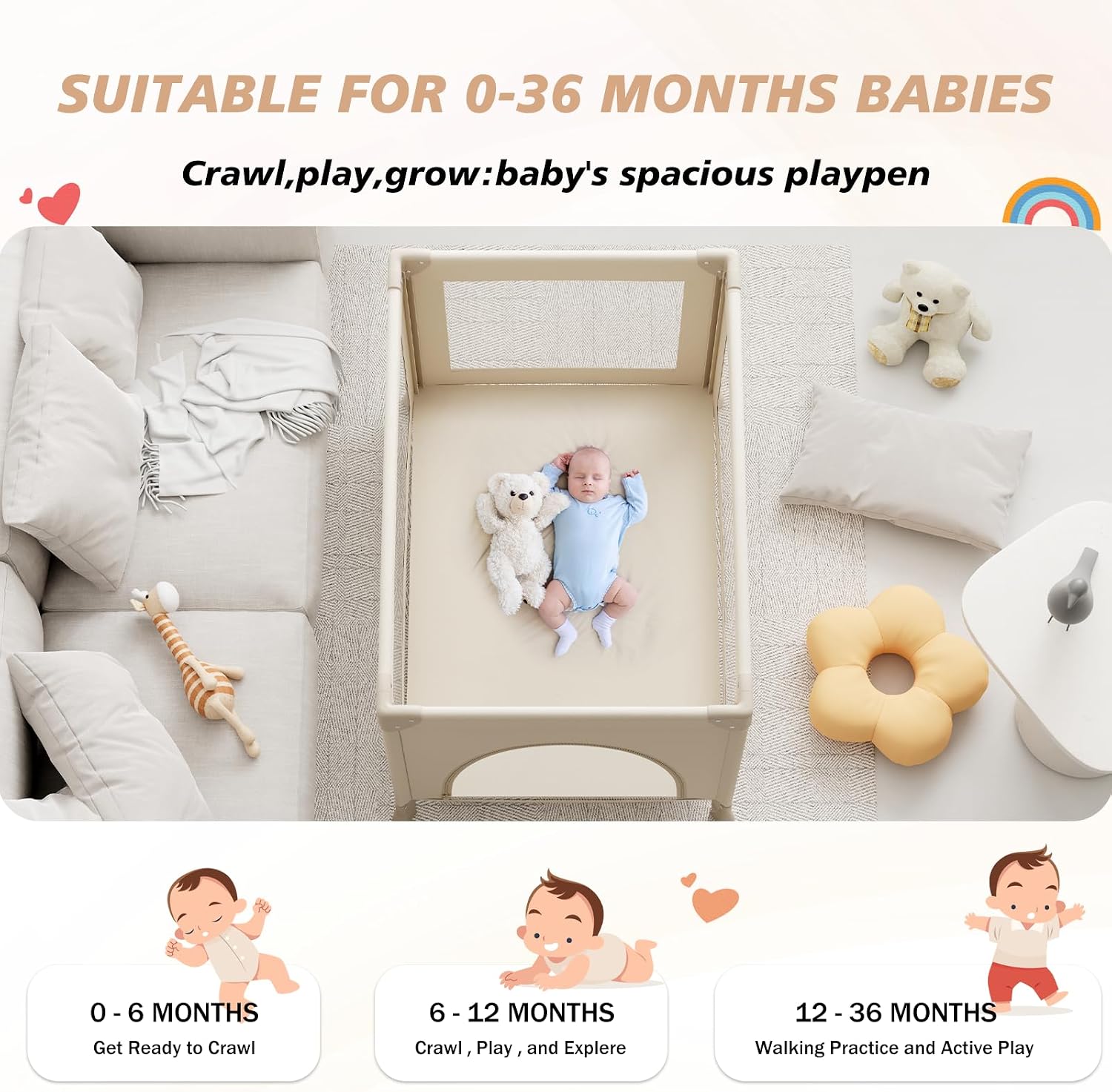Portable Baby Playard& Playpen with Mattress, Travel Crib, Khaki