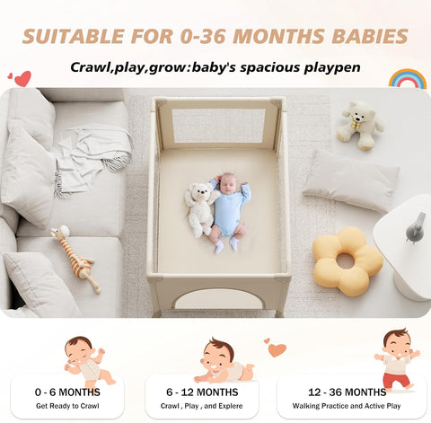 Portable Baby Playard& Playpen with Mattress, Travel Crib, Khaki