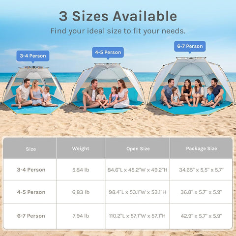 Wolfwise Instant Beach Tent Sun Shelter with Zippered Extendable Porch for Privacy, Portable Beach Tents with Carrying Bag, Easy Setup Pop up Beach Shade for 6-7 Person, 110 x57x57 in, Blue