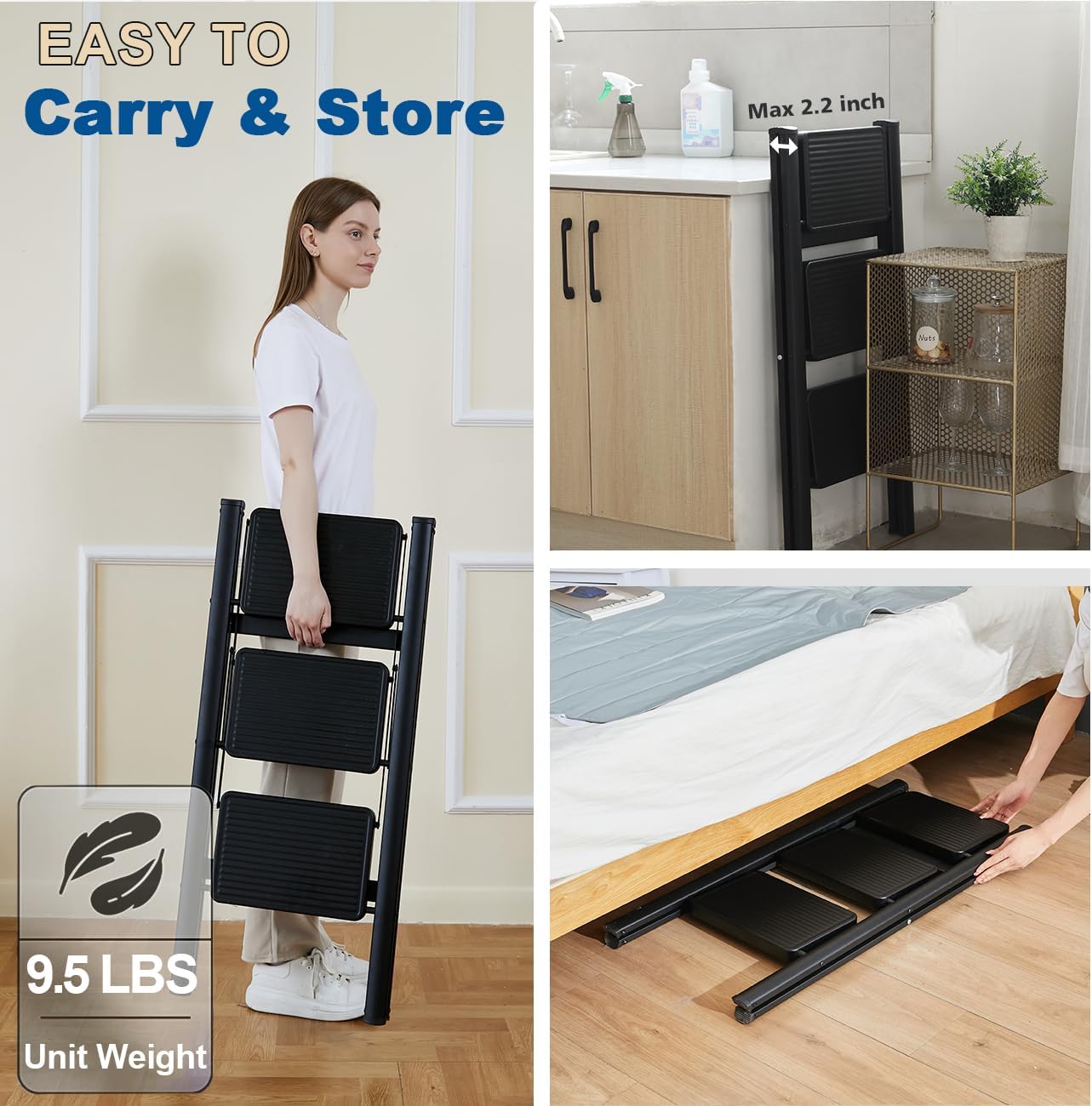 Double Elite Folding 3 Step Ladder, Sturdy Small Step Stool for Adults, Safer Full Steel Multi-use Kitchen Ladder for Home, Closet Step Stool Ladder with Wide Pedals, Black, 3-Step