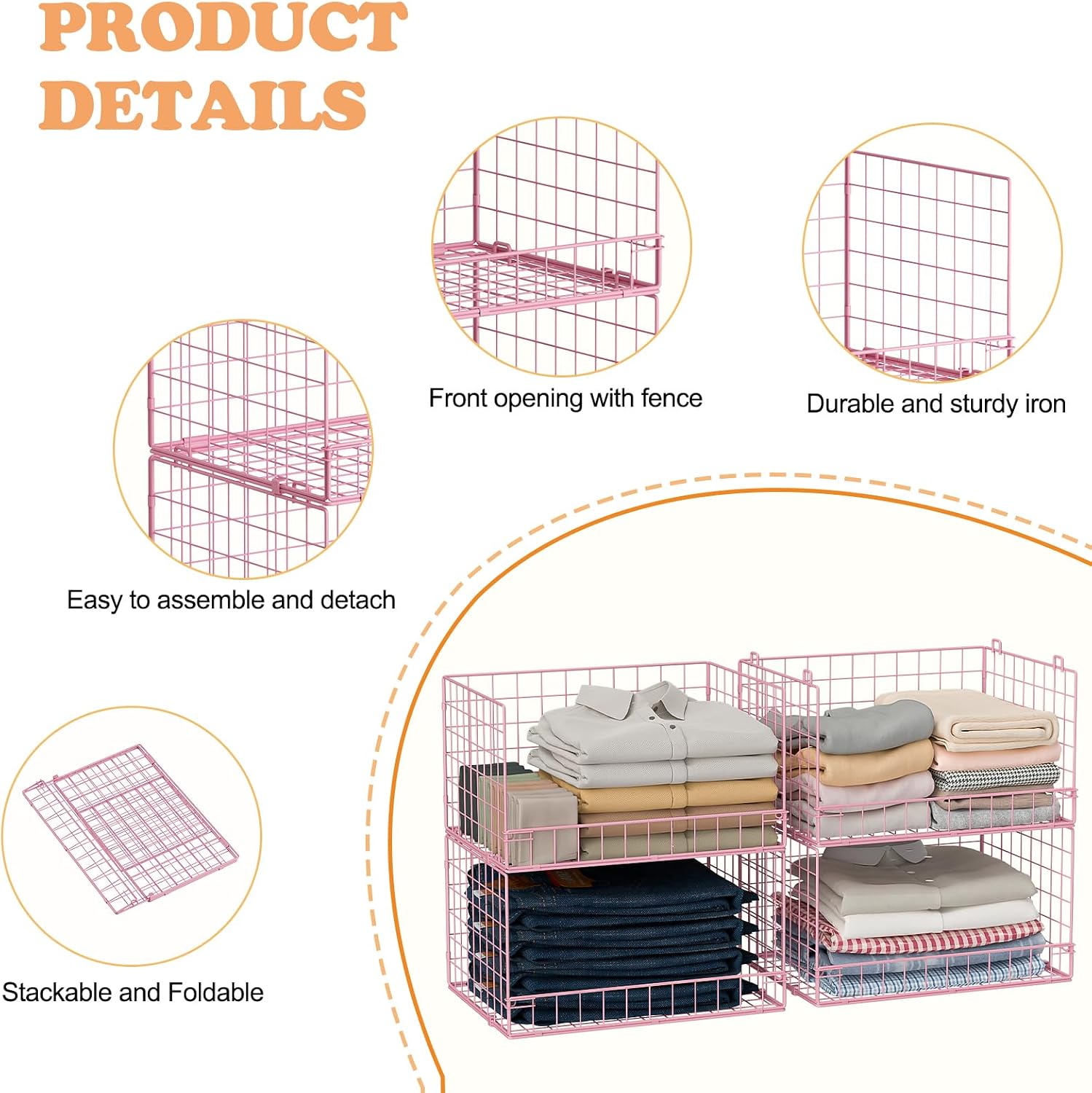 4-Tier Closet Organizers and Storage, Stackable Closet Organizer Basket, Foldable Closet Shelf Organizer Basket, Stackable Storage Bins and Organizer Shelves for Home Closet Organizer System, Pink
