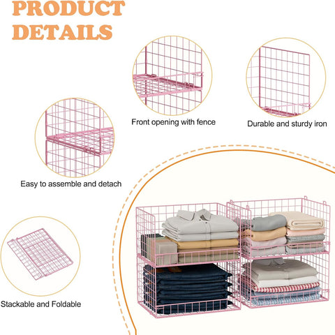4-Tier Closet Organizers and Storage, Stackable Closet Organizer Basket, Foldable Closet Shelf Organizer Basket, Stackable Storage Bins and Organizer Shelves for Home Closet Organizer System, Pink