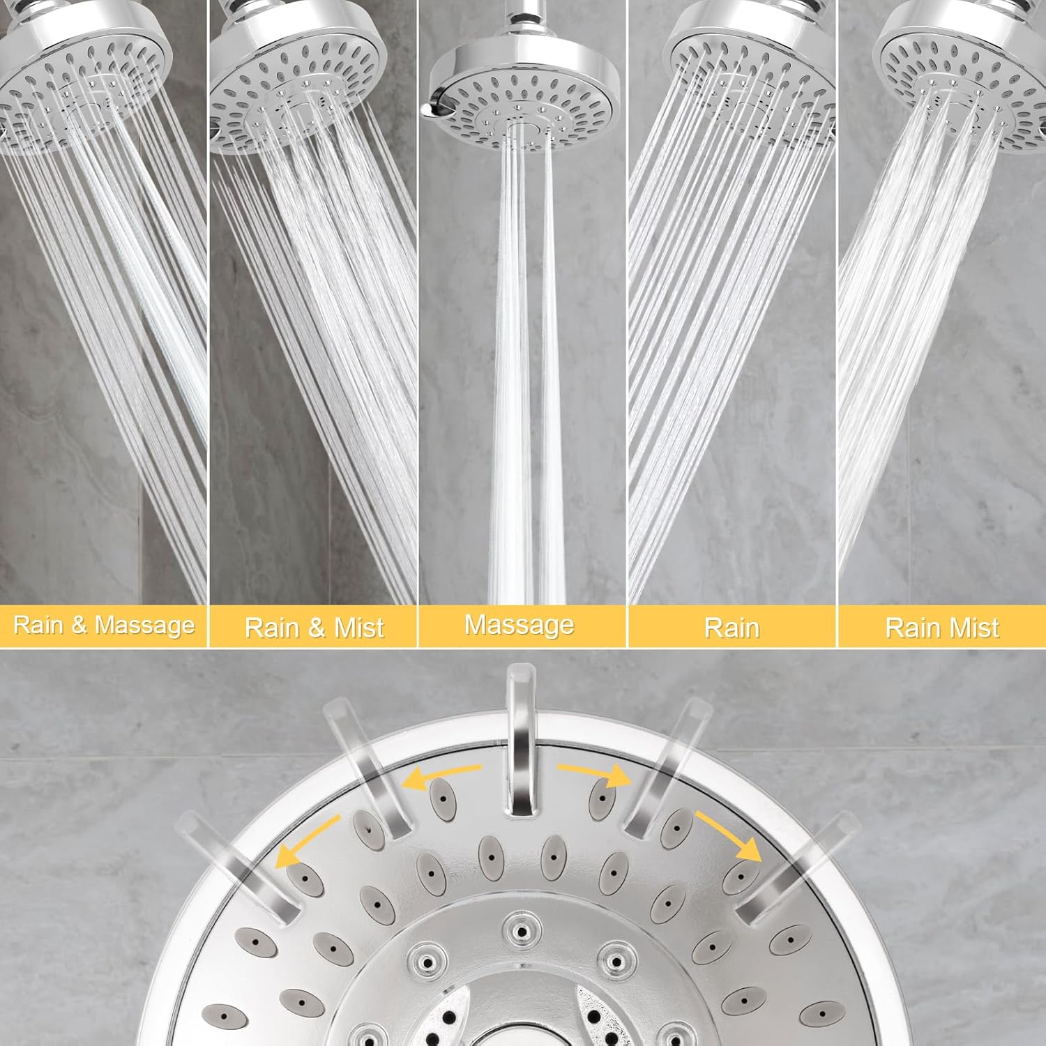 AISOSO High Pressure Rain Shower Head 5 Modes Showerhead 4.1" Chrome Silver