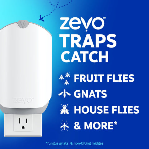 Zevo Flying Insect Trap for Indoors: Light Trap Captures Fruit Flies, Gnats and Houseflies, Starter Kit Value Pack + Refills (2 Plug-in Bases + 4 Cartridges)