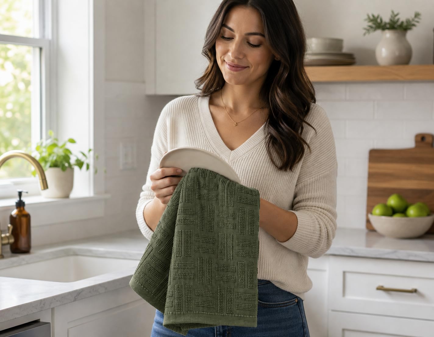 Olive Green Kitchen Hand Dish Towels, Set of 3, 100% Cotton, 18" x 28"