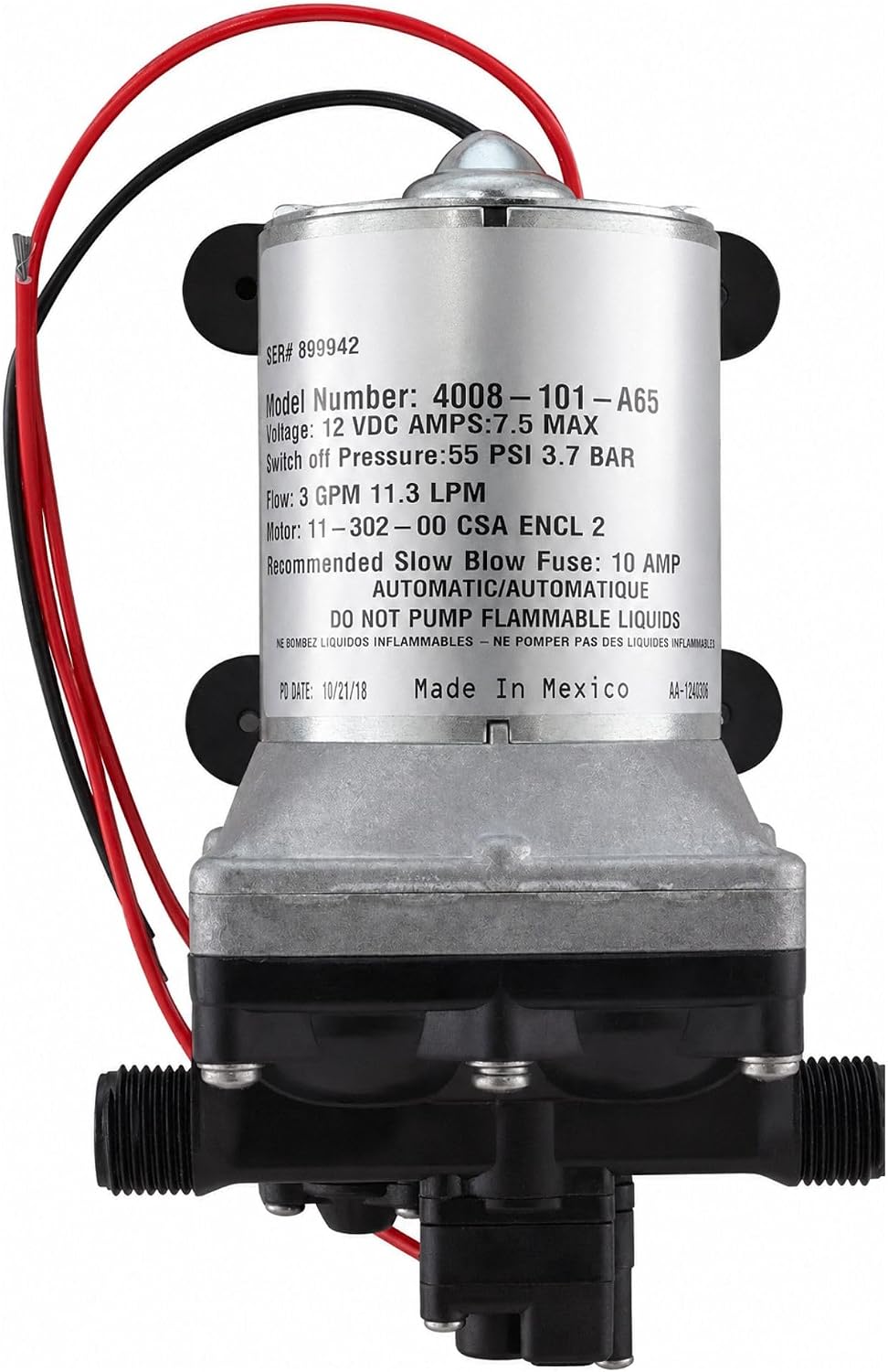 4008-101-A65 12V RV Water Pump replacement, 3.0 GPM, 55 PSI + Strainer