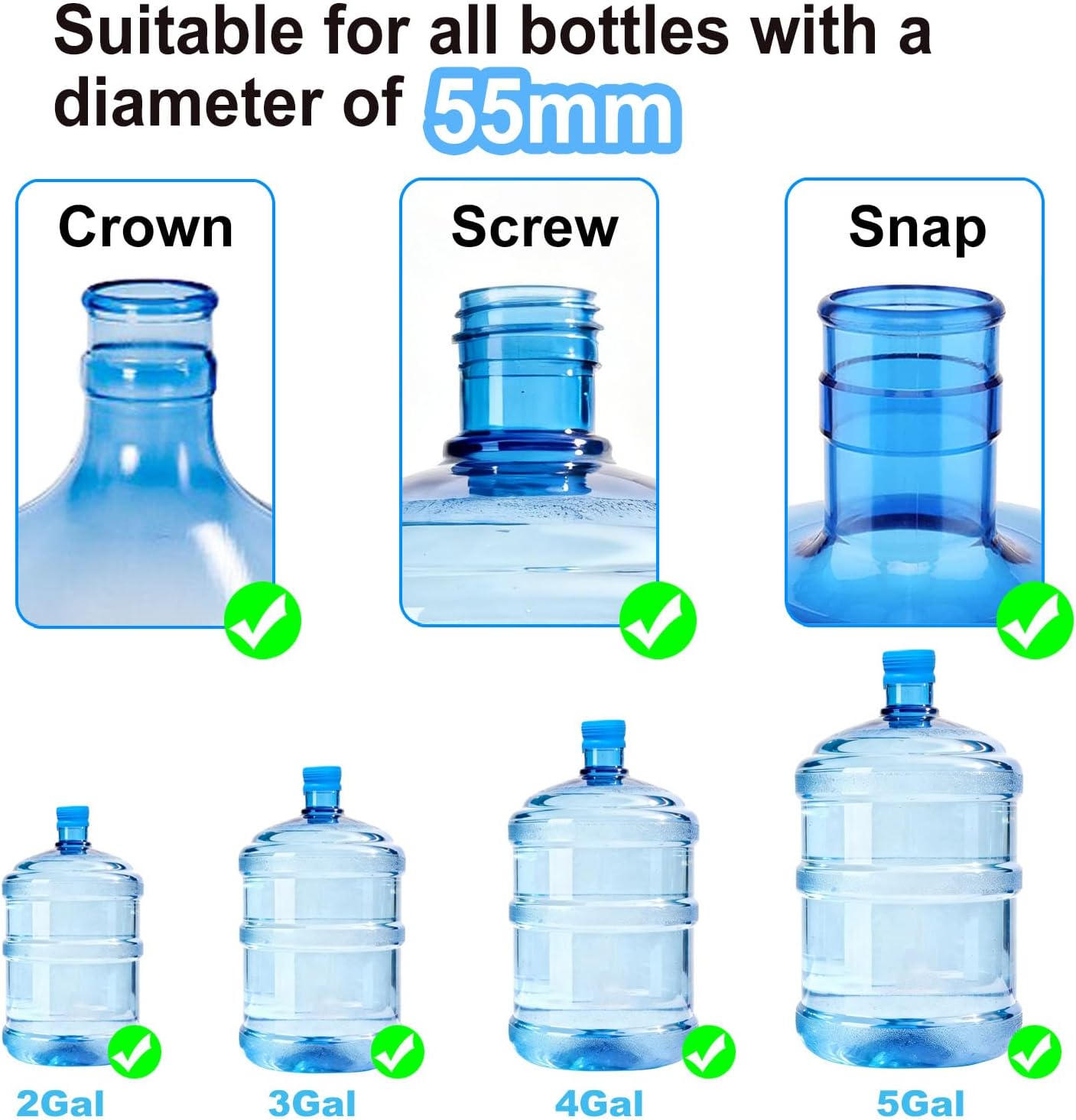 3 Pack 3 and 5 Gallon Water Jug Cap, Upgrade Silicone Reusable Replacement Caps, Non Spill Lids for 55mm Standard/Screw/Crown Tops Water Bottle