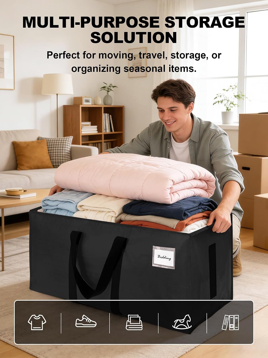 HOMESURE8 Pack 40 Gal Large Strong Moving Bags with Zippers & Carrying Handles - Water-Resistant - Heavy Duty Storage Tote for Space Saving, Fold Flat, Alternative to Moving Box (Black)