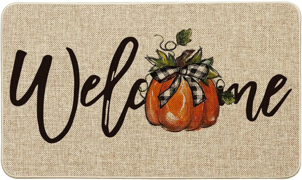 Artoid Mode Bow Tie Pumpkin Fall Welcome Doormat, Autumn Home Decor Low-Profile Switch Rug Door Mat for Indoor Outdoor 17x29 Inch