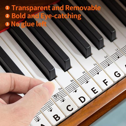 2 Sheets Piano Keyboard Stickers for 88/76/61/54/49 Keys, Transparent and Removable Piano Stickers for Beginners and Kids, Keyboard Letters Labels Notes Guide (Black)