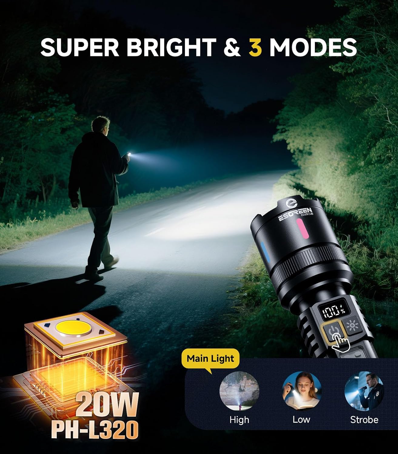Esgreen Bright LED Rechargeable Flashlight High Lumen 20000 6 Inch - 2 Pack