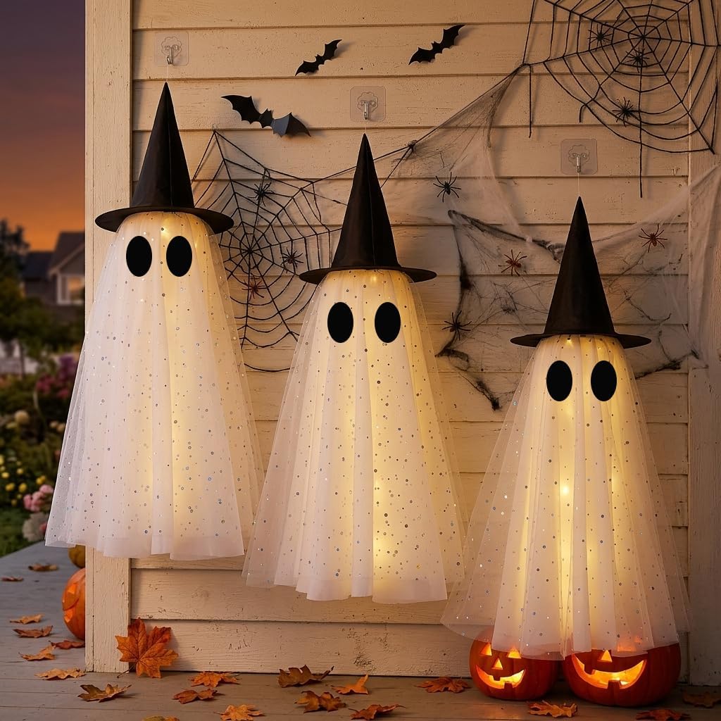 Halloween Hanging Ghost with Witch Hat, Halloween Ghost Decorations Outdoor