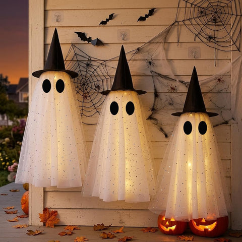 Halloween Hanging Ghost with Witch Hat, Halloween Ghost Decorations Outdoor