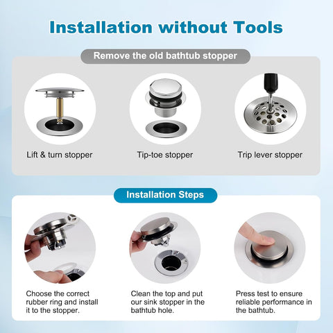 Hibbent 3 in 1 Metal Bathtub Drain Stopper, Universal Pop Up Tub Stopper