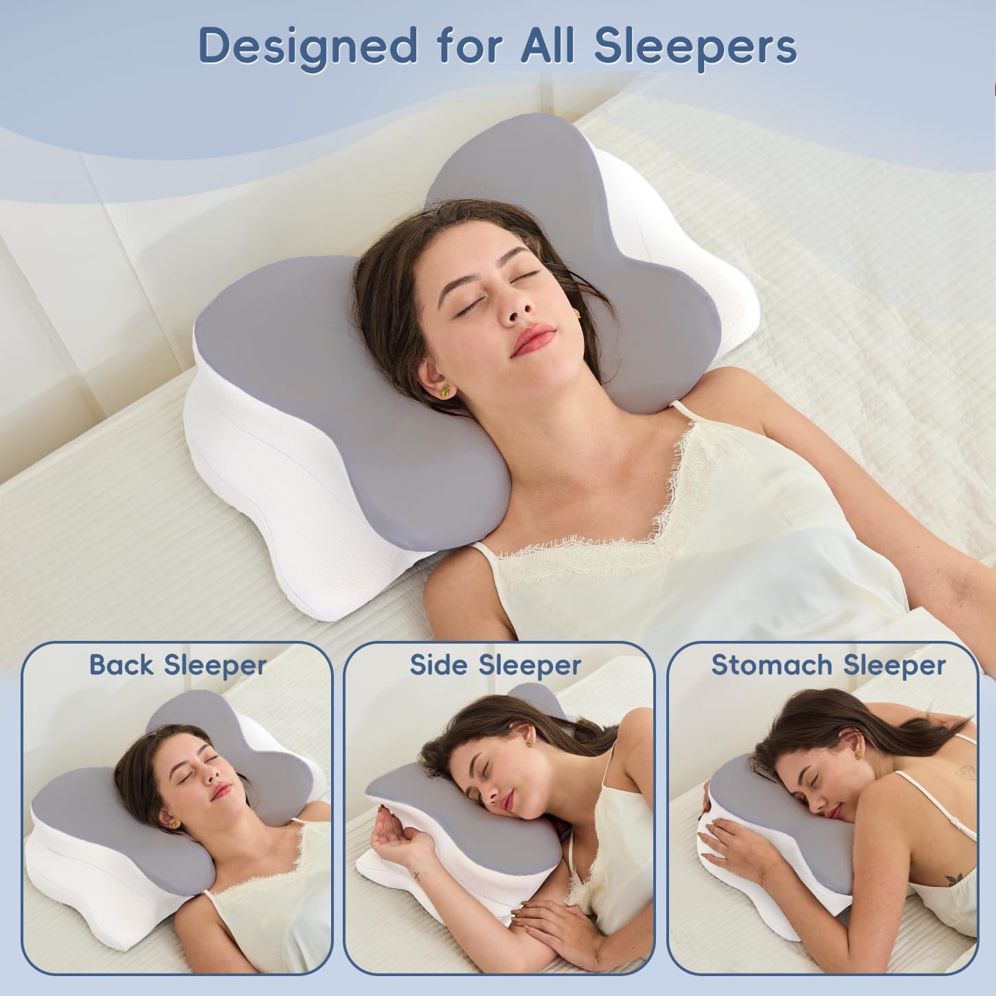 Cervical Neck Pillow, Memory Foam Pillow with Dual Height, Grey