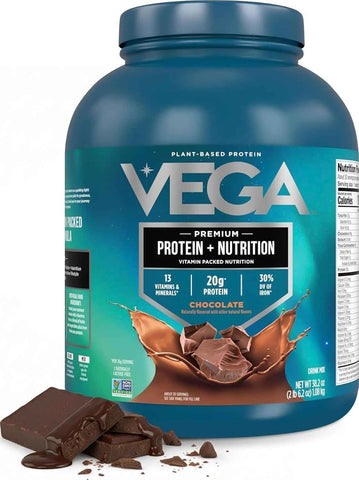 Vega Protein + Nutrition – 20g Plant Based Vegan Protein Powder, Chocolate for a Dairy-Free Protein Shake – XL Tub, 2.4lbs (30 Servings)