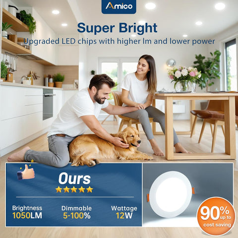 Amico 12 Pack 6 Inch LED Recessed Lighting, Canless Wafer Downlight, White
