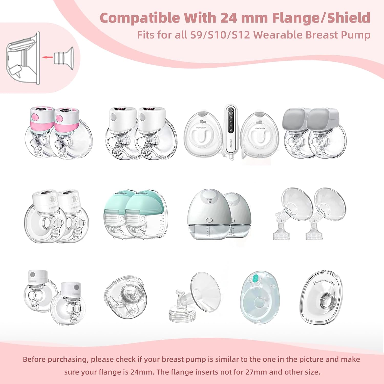 Flange Insert 13/15/17/19/21mm 10PCS Compatible with Momcozy S12 Pro/S9 Pro/S12/S9/Medela/Spectra etc Electric Breast Pump 24mm Flange/Shield, Reduce 24mm Tunnel Down to Correct Size