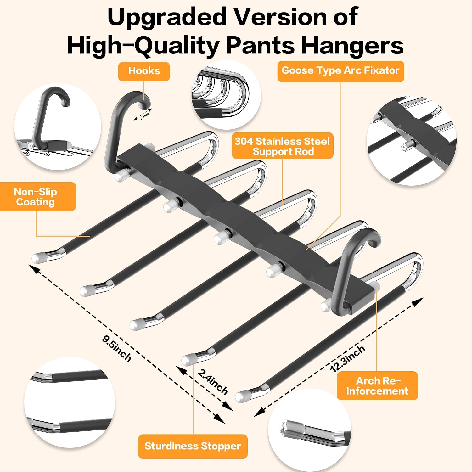 Pants Hangers Space Saving - 4 PCS Closet Organizer and Storage Jean Hangers, Stainless Steel Anti-Slip Clothes Hanger Scarf Holder Pants for Jeans Leggings Trousers Rack for Back to School, Black