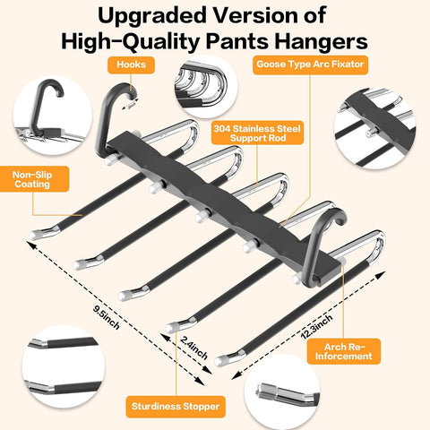 Pants Hangers Space Saving - 4 PCS Closet Organizer and Storage Jean Hangers, Stainless Steel Anti-Slip Clothes Hanger Scarf Holder Pants for Jeans Leggings Trousers Rack for Back to School, Black