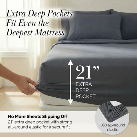 Southshore Fine Living, Inc. 6 Piece, 21 Inch Extra Deep Pocket King Sheet Set - Pet Hair Resistant Sheets, Fade Resistant for Easy Care, Oversized Flat Sheet, Dark Grey King Sheets - Slate