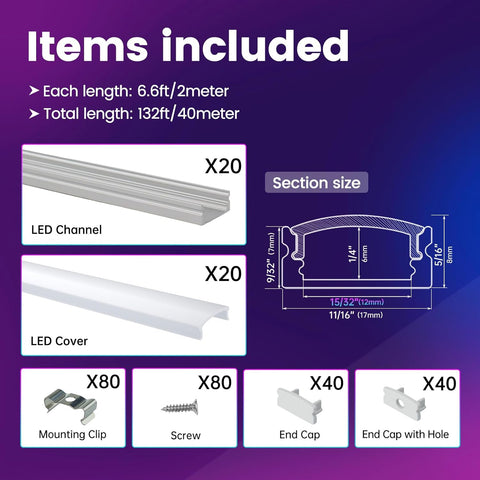 Muzata 20Pack 6.6FT Silver LED Strip Channel with Milky Diffuser U1SW WW