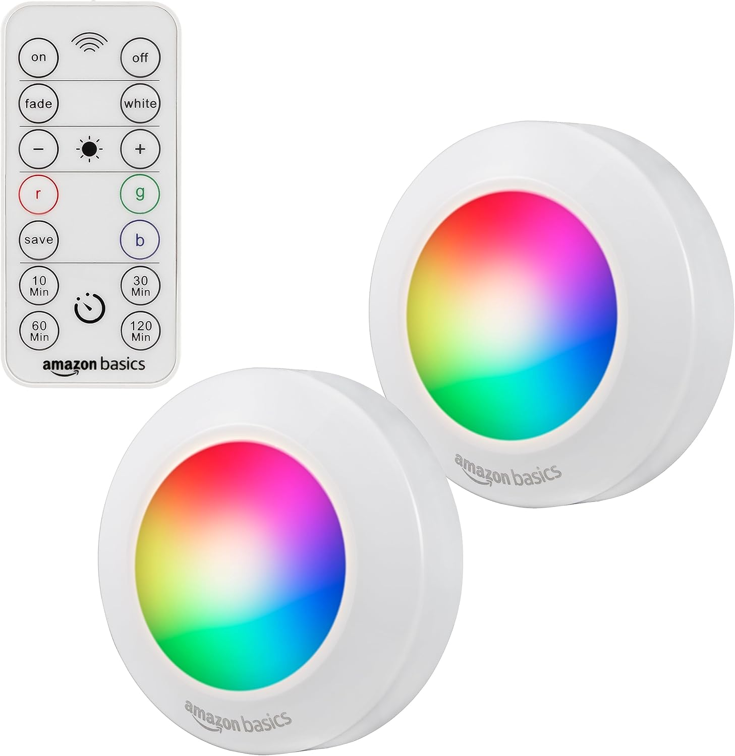Amazon Basics LED Puck Lights, Color Changing, Battery Operated, IR Remote, 40 Lumens, Under Cabinet Lighting, Wireless Stick on Lights, Ideal for Closets, 2-Pack, White