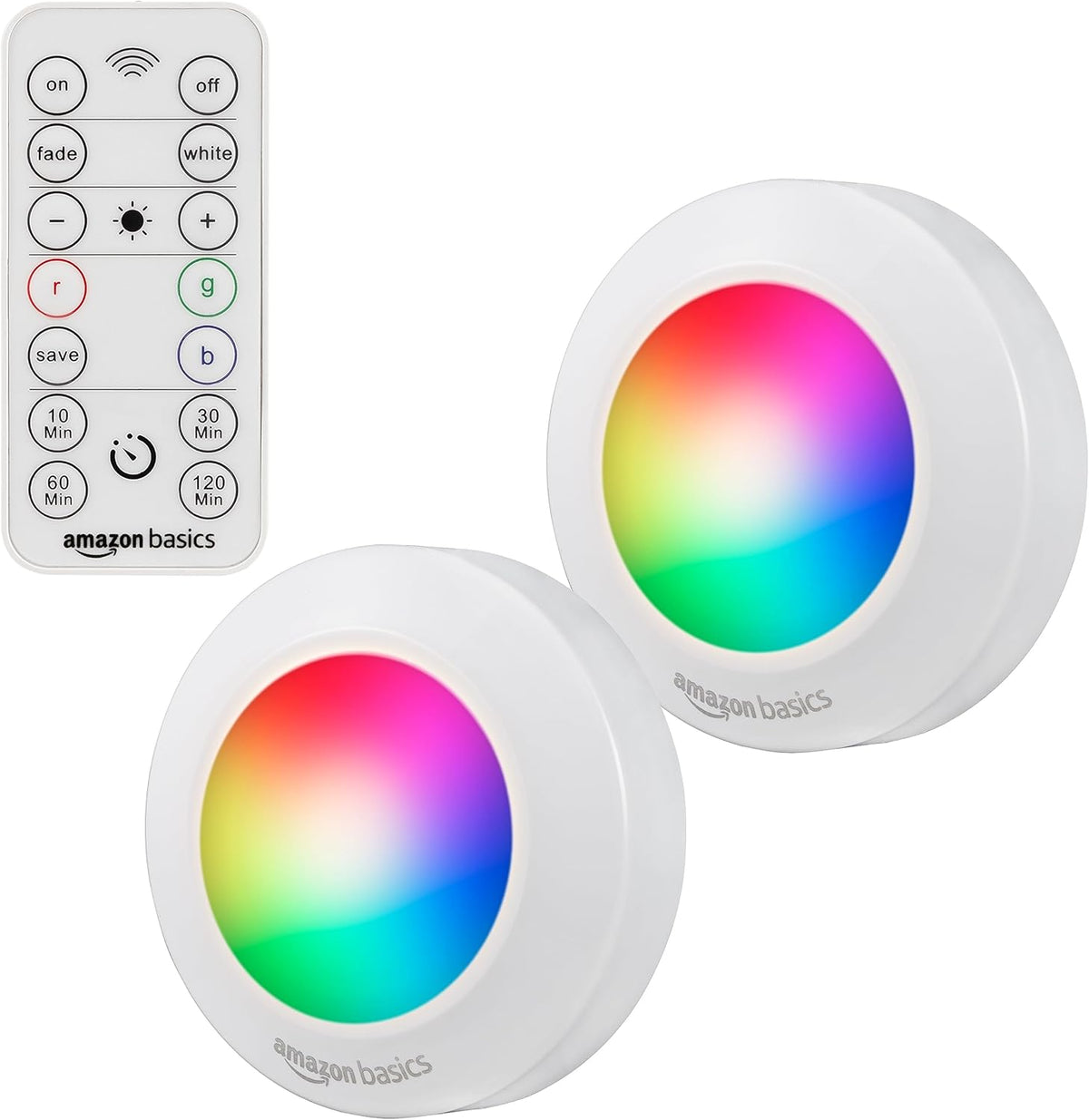 Amazon Basics LED Puck Lights, Color Changing, Battery Operated, IR Remote, 40 Lumens, Under Cabinet Lighting, Wireless Stick on Lights, Ideal for Closets, 2-Pack, White