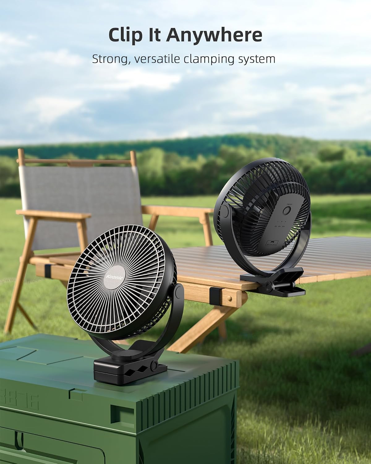 Koonie 8" Clip on Fan, 10000mAh Rechargeable Battery, Strong Airflow, Black